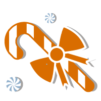 Candy cane with a ribbon around it, surrounded by two mints